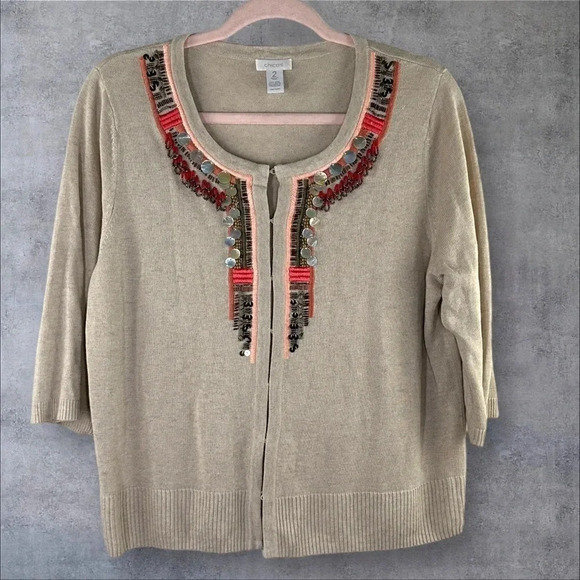 Chicos Linen Blend Treasured Trinkets Beaded Cardigan Sweater Size 2 Large Tan - Picture 1 of 13